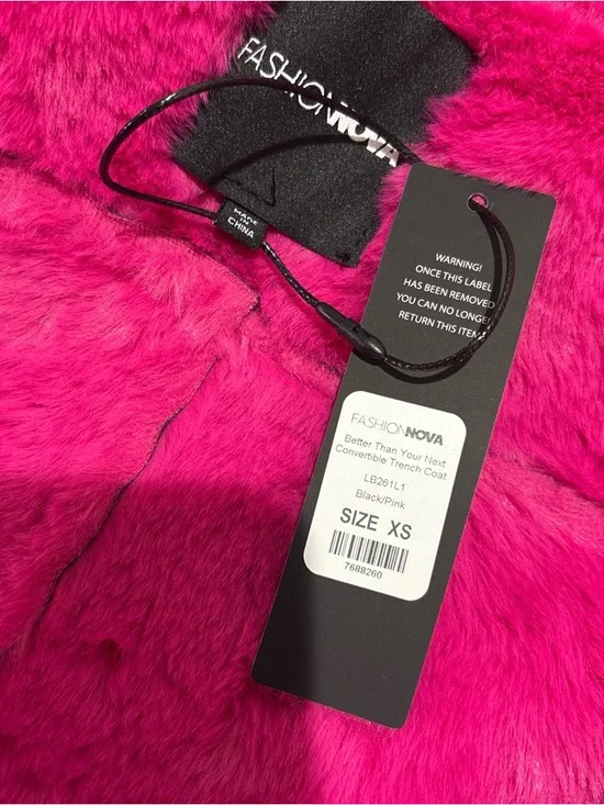 Fashion Nova Convertible Black Trench Coat with Hot Pink Fur Trim - Picture 7 of 7